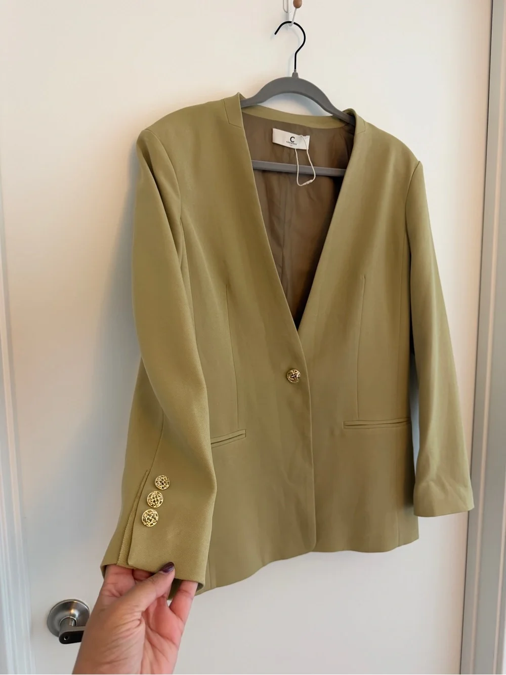 Commense Olive Green V-Neck Single-Button Blazer Gold Buttons